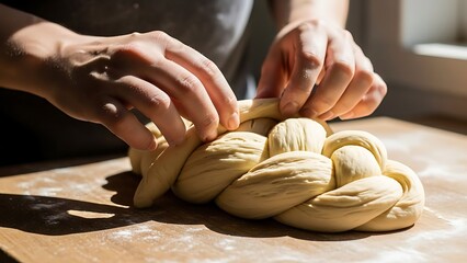 Hands carefully weaving a traditional challah bread loaf at home kitchen