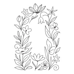 Elegant outline floral frame illustration, perfect for invitations, greeting cards, and rustic wedding designs