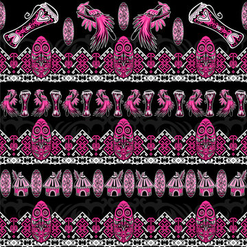 Bold seamless ethnic pattern inspired by Papua culture featuring bird of paradise, tifa drum, tribal shield and honai house. Perfect for fashion, textile, wallpaper and surface design.