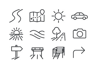 Sunlit Travel Icons. Sunlit travel routes. Line icon set of sunl