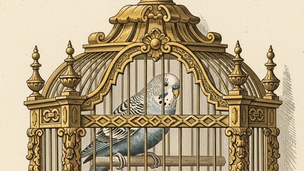 Ornate Golden Birdcage with a Blue Budgerigar, Vintage Illustration Style