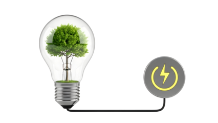 Light bulb with green leaves and electrical energy symbols, representing renewable energy and eco-friendly innovation, isolated on transparent background.