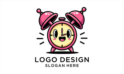 Cute Cartoon Alarm Clock Character Logo Design.