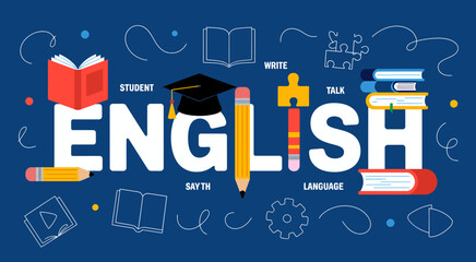 A vibrant illustration showcasing the English language concept, featuring books, stationery, and other educational tools, representing learning and communication across cultures. © Suling