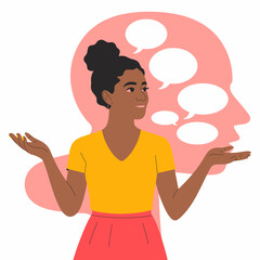 An illustration of a woman engaging in conversation, showcasing expressive body language and conveying emotions through her gestures and facial expression in a thoughtful manner.