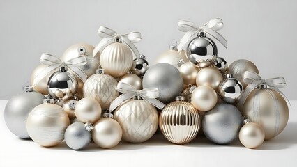 Obraz premium A collection of elegant silver and white Christmas ornaments adorned with ribbons, perfect for festive holiday decorations