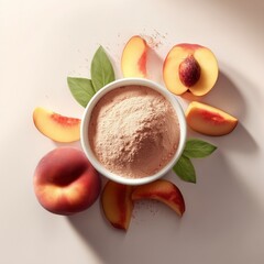 Luxury ingredient composition featuring fine peach powder in a white bowl surrounded by fresh peach slices. Clean white background, soft gradient shadows, ultra-realistic texture.