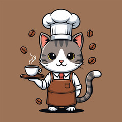 A cute cartoon cat barista wearing a chef's hat and apron, serving a steaming cup of coffee with floating coffee beans.