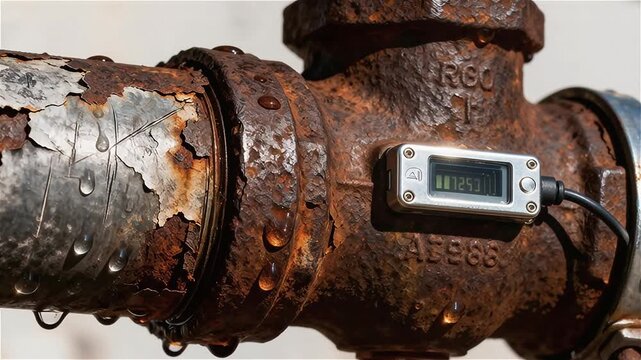 Tubería de agua potable urbana  con un micro-sensor de IA adherido.