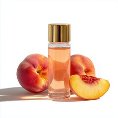 Transparent glass vial with metallic gold cap filled with peach-colored extract placed beside fresh peach slices. Bright white studio background