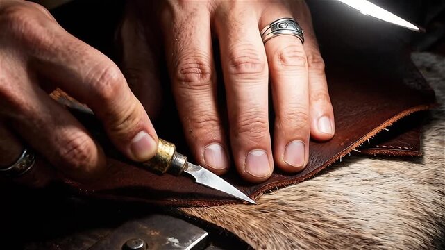  Manos  manipulando cuidadosamente un trozo de cuero sin tratar con una herramienta de metal