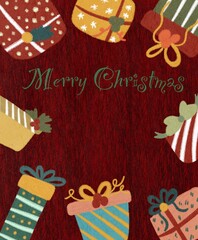 Christmas card printable with gifts design and red background