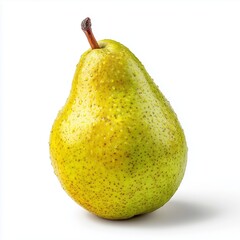 Isolated on bright white background, fresh ripe pear with smooth yellow-green skin and natural speckled texture. Soft diffused studio lighting with clean shadows, ultra-HD detail.