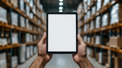 Employee hands holding digital tablet with blank screen, managing logistics and inventory modern a warehouse