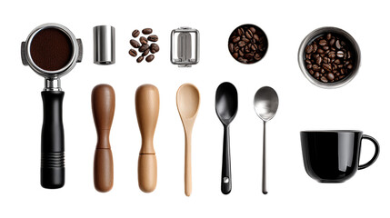 Espresso making tools portafilter tamper coffee beans grinder accessories spoons and black cup for barista preparation on transparent background