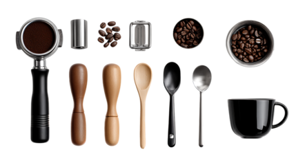 Espresso making tools portafilter tamper coffee beans grinder accessories spoons and black cup for barista preparation on transparent background