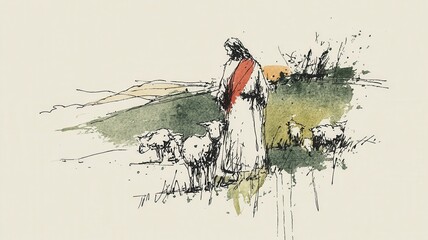 Fototapeta premium Good shepherd caring for his sheep, representing guidance, protection, in faith spiritual leadership christian
