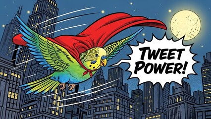 Superhero Budgie Flying with Cape Through City Night Sky