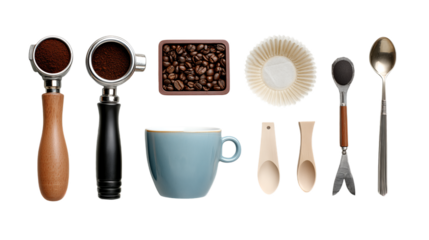 Espresso tools portafilter ground coffee beans cup paper filter scoop tamper spoon barista equipment for brewing coffee preparation on transparent background