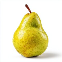 Isolated on bright white background, fresh ripe pear with smooth yellow-green skin and natural speckled texture. Soft diffused studio lighting with clean shadows, ultra-HD detail.