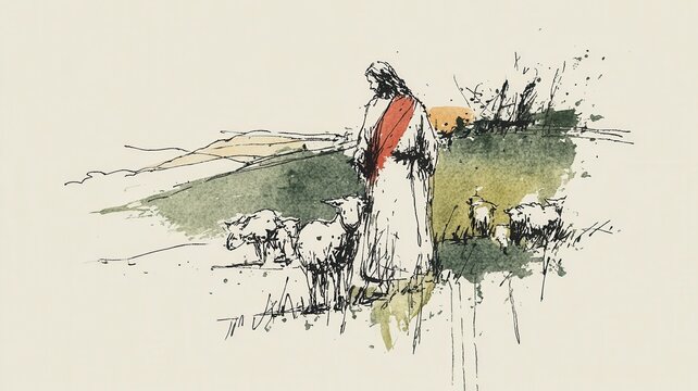 Good shepherd caring for his sheep, representing guidance, protection, in faith spiritual leadership christian