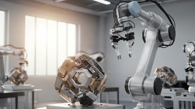 Robotic Arms Assembling Futuristic Geometric Structure in Bright Industrial Laboratory