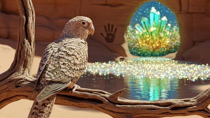 Desert Bird Perched on Branch Observing Magical Crystal Cave