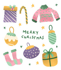 Merry christmas sticker printable oil pastel drawing, transparent background