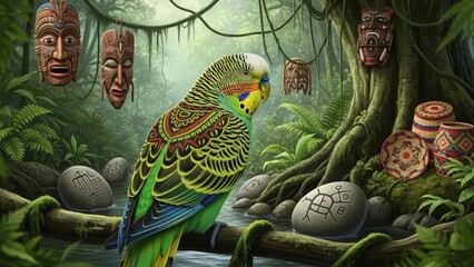 Vibrant Budgerigar Perched in Lush Jungle with Tribal Masks and Ancient Carvings