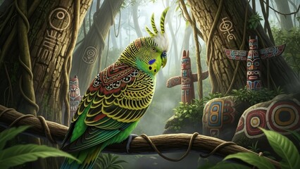 Exotic Parrot with Intricate Patterns in Ancient Jungle with Mystic Totems