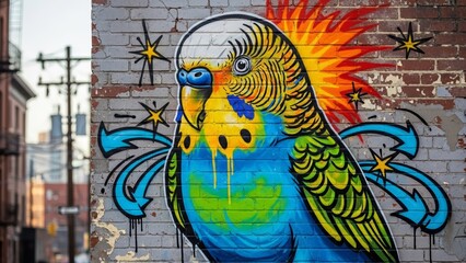 Colorful Budgerigar Graffiti Art on a Weathered Urban Brick Wall