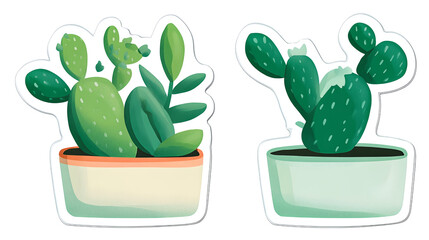 Two potted succulent and cactus illustrations sticker set green desert plants in ceramic containers for decoration or digital design elements on transparent background