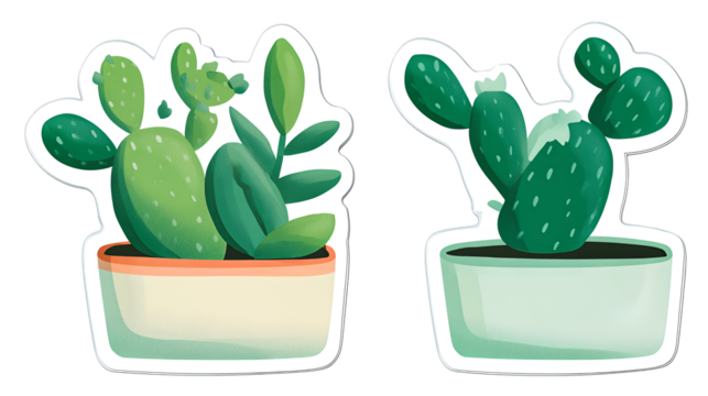 Two potted succulent and cactus illustrations sticker set green desert plants in ceramic containers for decoration or digital design elements on transparent background - Powered by Adobe