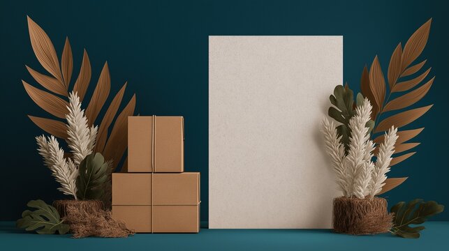 Cardboard boxes and plants next to an empty white poster mockup on a dark blue background for a modern design concept - Powered by Adobe