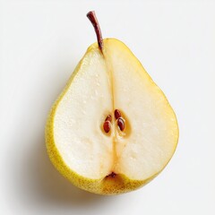 Macro studio shot of sliced pear showing juicy pale-yellow flesh and seed core. Clean white background, crisp detail and soft natural reflections. Ideal for healthy food, beverages