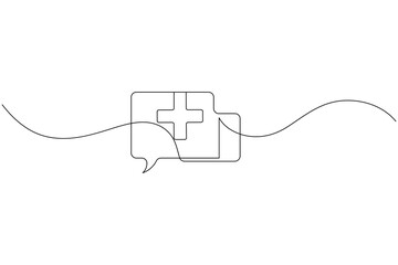 Healthcare speech bubble with medical cross continuous one line outline illustration
