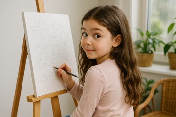 Young girl drawing cute cartoon characters on canvas at home with pencil, smiling at camera, surrounded by indoor plants in cozy creative space. Ai generative