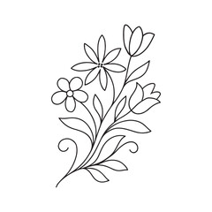 Elegant monochrome line art illustration featuring a graceful bouquet of diverse blooming flowers and intricate leaves, perfect for decorative graphic design and natural themes