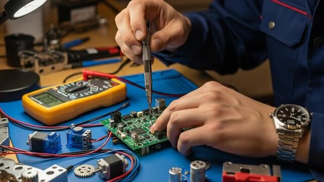 Close-up of technician repairing electronics with a screwdriver, using multimeter checking circuit