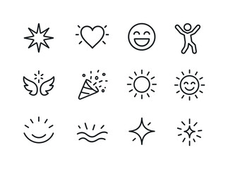 Fototapeta premium Joy Icon Set. Joy. Line icon set of Joy: bursting star, joyful h