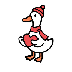 Set of cartoon white geese illustrations for Valentine's Day holding hearts flowers and love letters
