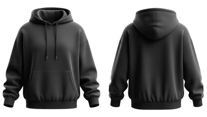 Stylish dark hoodie front and back views isolated on transparent background