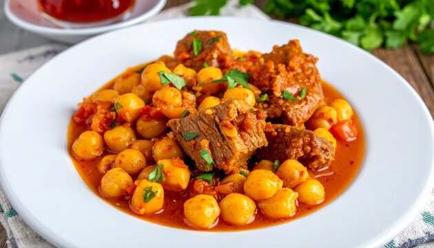 Traditional delicious Turkish foods; Turkish Food Chickpeas with Meat. Turkish name; Etli nohut