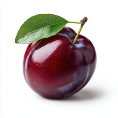 fresh ripe plum with smooth dark purple-red skin and natural glossy highlights. Soft diffused studio lighting with clean shadows and ultra-HD details. Ideal for healthy food, antioxidant fruit