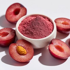 Luxury ingredient shot featuring fine pink-red plum powder in a white ceramic dish, with fresh plum slices surrounding for context. Soft gradient lighting, bright white background, and clean shadows, 