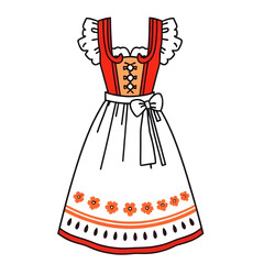 traditional German dirndl dress illustration, Bavarian dirndl folk costume artwork, Oktoberfest dirndl dress illustration, German traditional clothing illustration, Alpine dirndl cultural outfit art, 
