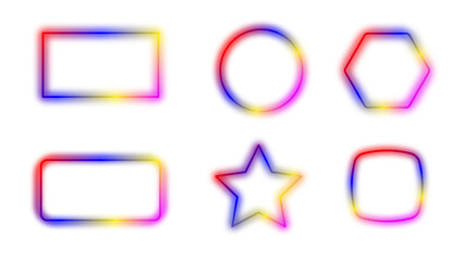 Colorful neon gradient geometric frame set with blurred glowing edges