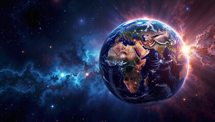Obraz premium The image shows planet Earth as seen from space, illuminated by the Sun and surrounded by cosmic nebulae