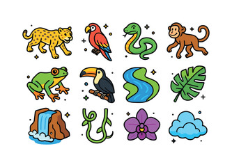 Naklejka premium Rainforest Wildlife Icons. Rainforest chase. Colorful isometric