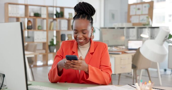 Phone, texting and reading with business black woman for planning, editor feedback or contact. Virtual advisor, story fact check and communication with person in media agency for project and research